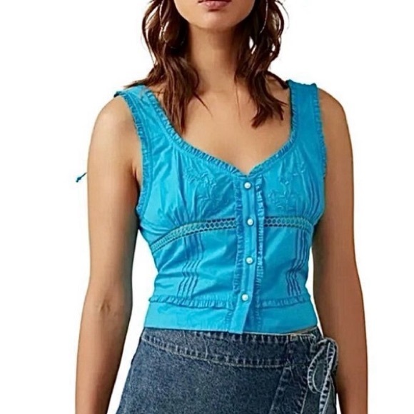 Free People Kerry Blue Embroidered Cotton Corset Pearl crop top/tank worn once - Picture 3 of 4